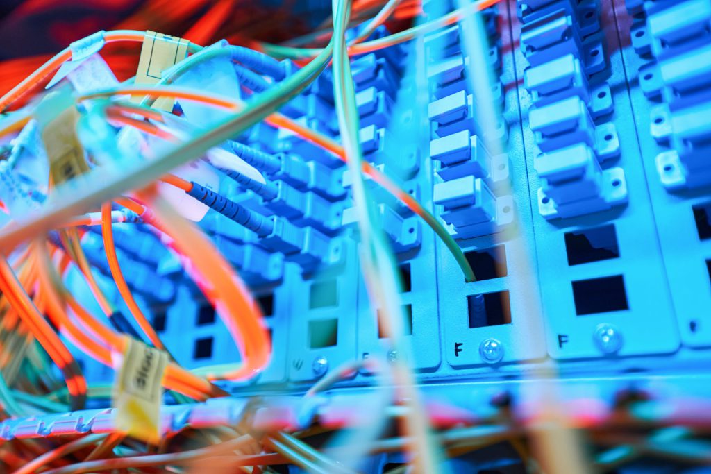 illuminated patch panel inside server cabinet with